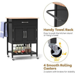 Kitchen Island Cart Black Modern Wooden Storage Trolley With Drawer Cabinet - thumbnail 3
