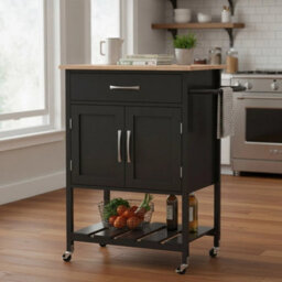 Kitchen Island Cart Black Modern Wooden Storage Trolley With Drawer Cabinet - thumbnail 6
