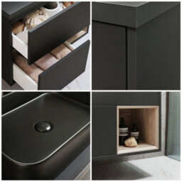 Homestylestore Black Grey 800mm Wall Hung Bathroom Vanity Unit Rectangular Countertop Graphite Basin Open Shelf - thumbnail 2