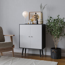 Urbn-Living Urbnliving 60Cm Height 2 Tier Black Wooden Bookcase With White Door Scandinavian Style Black Legs Bedroom Shelf - thumbnail 1