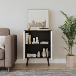 Urbn-Living Urbnliving 60Cm Height 2 Tier Black Wooden Bookcase With White Door Scandinavian Style Black Legs Bedroom Shelf - thumbnail 2