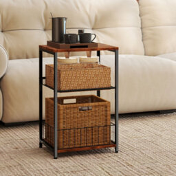 Levede Side Table Bedside End Table 3 Tier Metal Wood Storage Vintage Brown - thumbnail 1