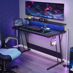 Songmics Computer Table, Gaming Desk, With Led And Built-In Power Outlets, Table With Monitor Shelf, Gaming Table, Ebony Black - thumbnail 1