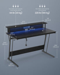 Songmics Computer Table, Gaming Desk, With Led And Built-In Power Outlets, Table With Monitor Shelf, Gaming Table, Ebony Black - thumbnail 2