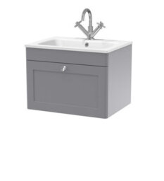 Balterley Swynnerton Traditional 1 Drawer Wall Hung Vanity Unit With Stone Basin, Satin Grey, 600mm - thumbnail 1