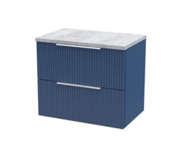 Hudson Reed Fluted Wall Hung 2-Drawer Vanity Unit & Bellato Grey Laminate Worktop, Counter Top Vanity Unit In Satin Blue, 600mm