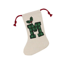 Purely Home Green Tartan Alphabet Letter M Stocking - Novelty Initial Xmas Gift Linen-Style With Red Drawstring Ties - thumbnail 2