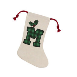 Purely Home Green Tartan Alphabet Letter M Stocking - Novelty Initial Xmas Gift Linen-Style With Red Drawstring Ties - thumbnail 1
