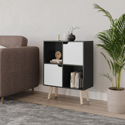 Urbn-Living Urbnliving 80Cm Height Black 4 Cube With White 2 Wooden Door Bookcase With Pine Legs Shelves - image 1