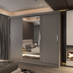 M N Furniture Ltd Modern 3-Door Sliding Wardrobe With Led Light & Mirror - 250Cm Bedroom Cabinet (Grey 250Cm) - thumbnail 1