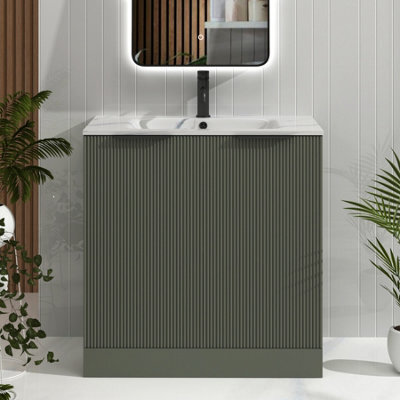 Evora 800mm Sage Green Fluted Bathroom Floor Standing Vanity Unit 2 Door Storage with Carrara White Basin & Matt Black Handle - image 1