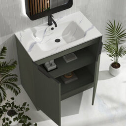Evora 800mm Sage Green Fluted Bathroom Floor Standing Vanity Unit 2 Door Storage with Carrara White Basin & Matt Black Handle - thumbnail 2