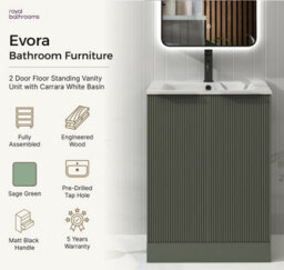 Evora 800mm Sage Green Fluted Bathroom Floor Standing Vanity Unit 2 Door Storage with Carrara White Basin & Matt Black Handle - thumbnail 3