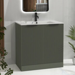 Evora 800mm Sage Green Fluted Bathroom Floor Standing Vanity Unit 2 Door Storage with Carrara White Basin & Matt Black Handle - thumbnail 4