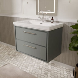 Balterley Longnor Modern Wall Hung 2-Drawer Bathroom Vanity Unit With Fireclay Basin, Coastal Grey, 800mm - thumbnail 4