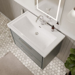 Balterley Longnor Modern Wall Hung 2-Drawer Bathroom Vanity Unit With Fireclay Basin, Coastal Grey, 800mm - thumbnail 3
