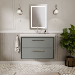 Balterley Longnor Modern Wall Hung 2-Drawer Bathroom Vanity Unit With Fireclay Basin, Coastal Grey, 800mm - thumbnail 2