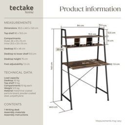 Tectake Desk Exeter - Overhead Storage Shelves, 3 Compartments 46,5 Cm - Industrial Wood Dark, Rustic - thumbnail 6