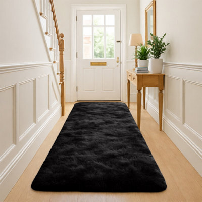 Bedlooms Black Non-Slip Shaggy Runner Rug 60X220Cm, Modern Area Rugs Living Room Bedroom Hallway Rugs