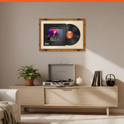 "AK Frames 25X17"" Rustic Oak Modern Vinyl Record Frame With Ivory Mount For 12 Inch Lp Cover & Disc - Overlapped Design" - thumbnail 8