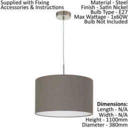 Stylish Satin Nickel Pendant Ceiling Light With Anthracite Brown Fabric Shade - thumbnail 2