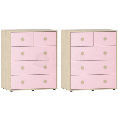 Chest Of Drawers 5 Drawer Chest Bedroom Furniture Storage Pink & Oak Set Of 2 - image 1