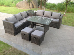 Fimous Outdoor Rattan Garden Furniture Set Corner Sofa Dining Table With 2 Pc Footstools - thumbnail 2