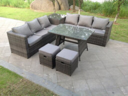 Fimous Outdoor Rattan Garden Furniture Set Corner Sofa Dining Table With 2 Pc Footstools - thumbnail 3