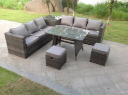 Fimous Outdoor Rattan Garden Furniture Set Corner Sofa Dining Table With 2 Pc Footstools - thumbnail 4