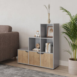 Urbn-Living Urbnliving Height 90.5Cm 6 Cube Step Storage Grey Bookcase And Oak Doors For Home Office Organizer Display Shelf Unit - thumbnail 2