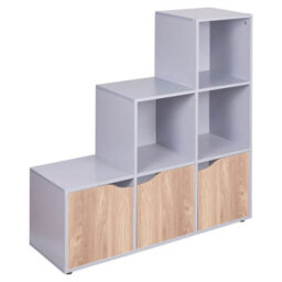 Urbn-Living Urbnliving Height 90.5Cm 6 Cube Step Storage Grey Bookcase And Oak Doors For Home Office Organizer Display Shelf Unit