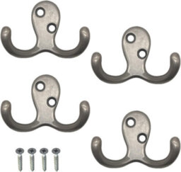 Sisi UK Satin Nickel Double Prong Robe Hooks Pack Of 4 Wall Mounted Coat Hat Towel Door Hangers Retro Metal 50mm X 78mm