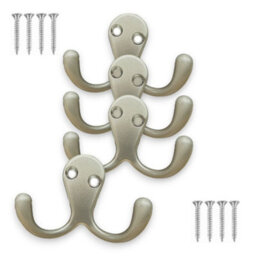 Sisi UK Satin Nickel Double Prong Robe Hooks Pack Of 4 Wall Mounted Coat Hat Towel Door Hangers Retro Metal 50mm X 78mm - thumbnail 2