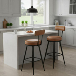 Ledrem Swivel Counter Stools, Set Of 2, Bar Chairs With Backs, Transitional, Pu Leather, Kitchen, Caramel Brown