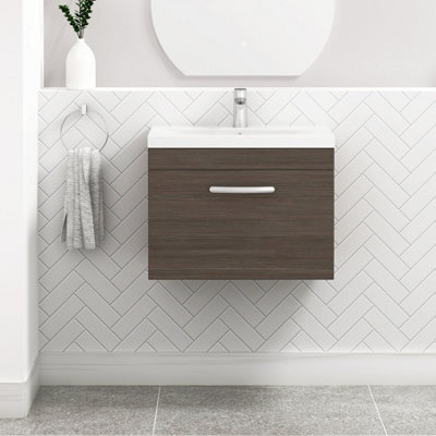 Royal Bathrooms Turin Grey Elm 600mm Wall Hung Vanity Unit 1 Drawer With Mid-Edge Basin Sink - image 1