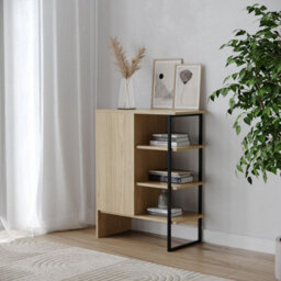Urbn-Living Urbnliving 79Cm Height Wood Steel Living Room 1 Door Bedside Cabinet Shelf Bookcase Unit Oak Colour - thumbnail 2
