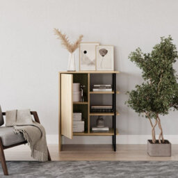 Urbn-Living Urbnliving 79Cm Height Wood Steel Living Room 1 Door Bedside Cabinet Shelf Bookcase Unit Oak Colour