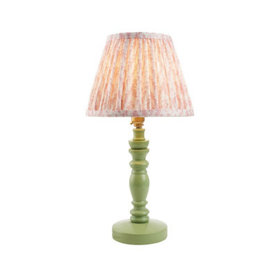Luminosa Lighting Luminosa Bibury Satin Cotswold Green Paint Table Lamp With Peachy Keen Fabric Leaf Shade 20Cm B22 - image 1