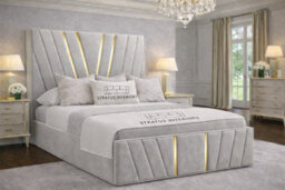 "Stratus Interiors Victor Gold Accent Upholstered Velvet Bed Frame - Single 3Ft (78"") With Slatted Base - Grey"
