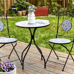 Beliani Vintage Garden Bistro Table - 60 Cm Round Blue Mosaic Top, Black Powder-Coated Iron Frame - thumbnail 2