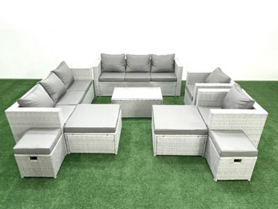 Fimous 9 Pieces Rattan Garden Furniture Set Outdoor Garden Sofa Chair Coffee Table Set 4 Stools Light Grey - image 1