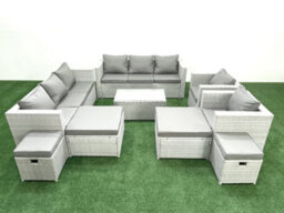 Fimous 9 Pieces Rattan Garden Furniture Set Outdoor Garden Sofa Chair Coffee Table Set 4 Stools Light Grey - thumbnail 1