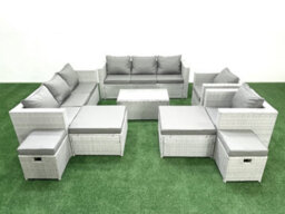 Fimous 9 Pieces Rattan Garden Furniture Set Outdoor Garden Sofa Chair Coffee Table Set 4 Stools Light Grey - thumbnail 2