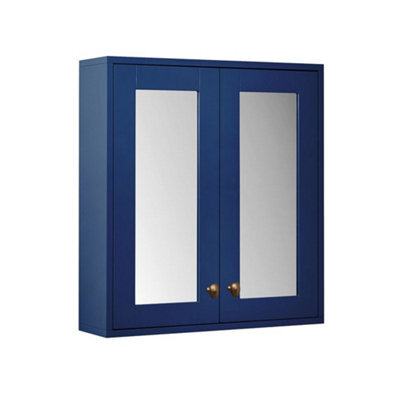 Homestylestore 600 X 650mm Navy Blue Wall Mounted Mirrored Door Bathroom Cabinet And Brushed Copper Round Handles - image 1