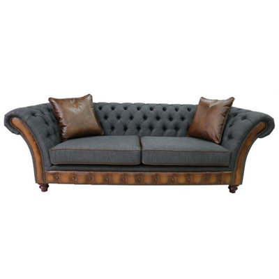 Chesterfield 3 Seater Sofa Antique Tan Leather Marinello Pewter Fabric In Jepson Style - image 1