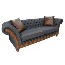 Chesterfield 3 Seater Sofa Antique Tan Leather Marinello Pewter Fabric In Jepson Style - thumbnail 3