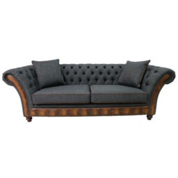Chesterfield 3 Seater Sofa Antique Tan Leather Marinello Pewter Fabric In Jepson Style - thumbnail 2