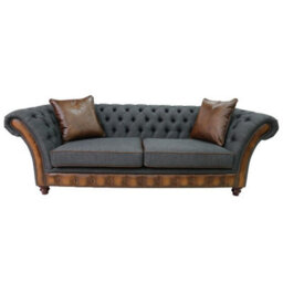 Chesterfield 3 Seater Sofa Antique Tan Leather Marinello Pewter Fabric In Jepson Style - thumbnail 1