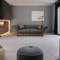 Chesterfield 3 Seater Sofa Antique Tan Leather Marinello Pewter Fabric In Jepson Style - thumbnail 5