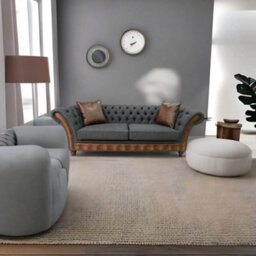 Chesterfield 3 Seater Sofa Antique Tan Leather Marinello Pewter Fabric In Jepson Style - thumbnail 4